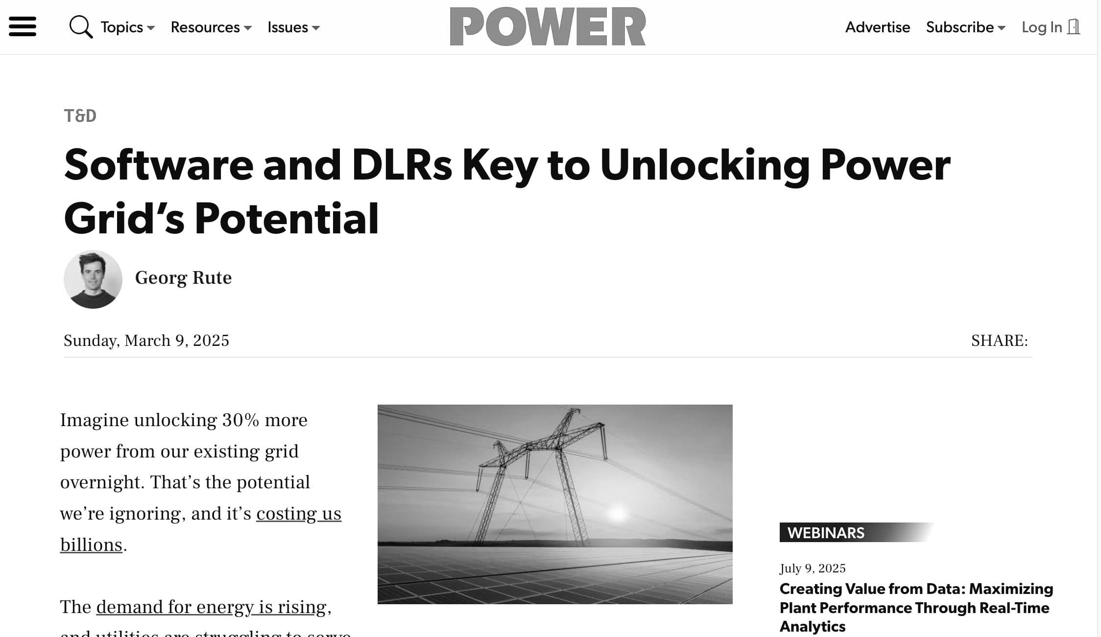 Power magazine op-ed: Software and DLRs Key to Unlocking Power Grid’s Potential