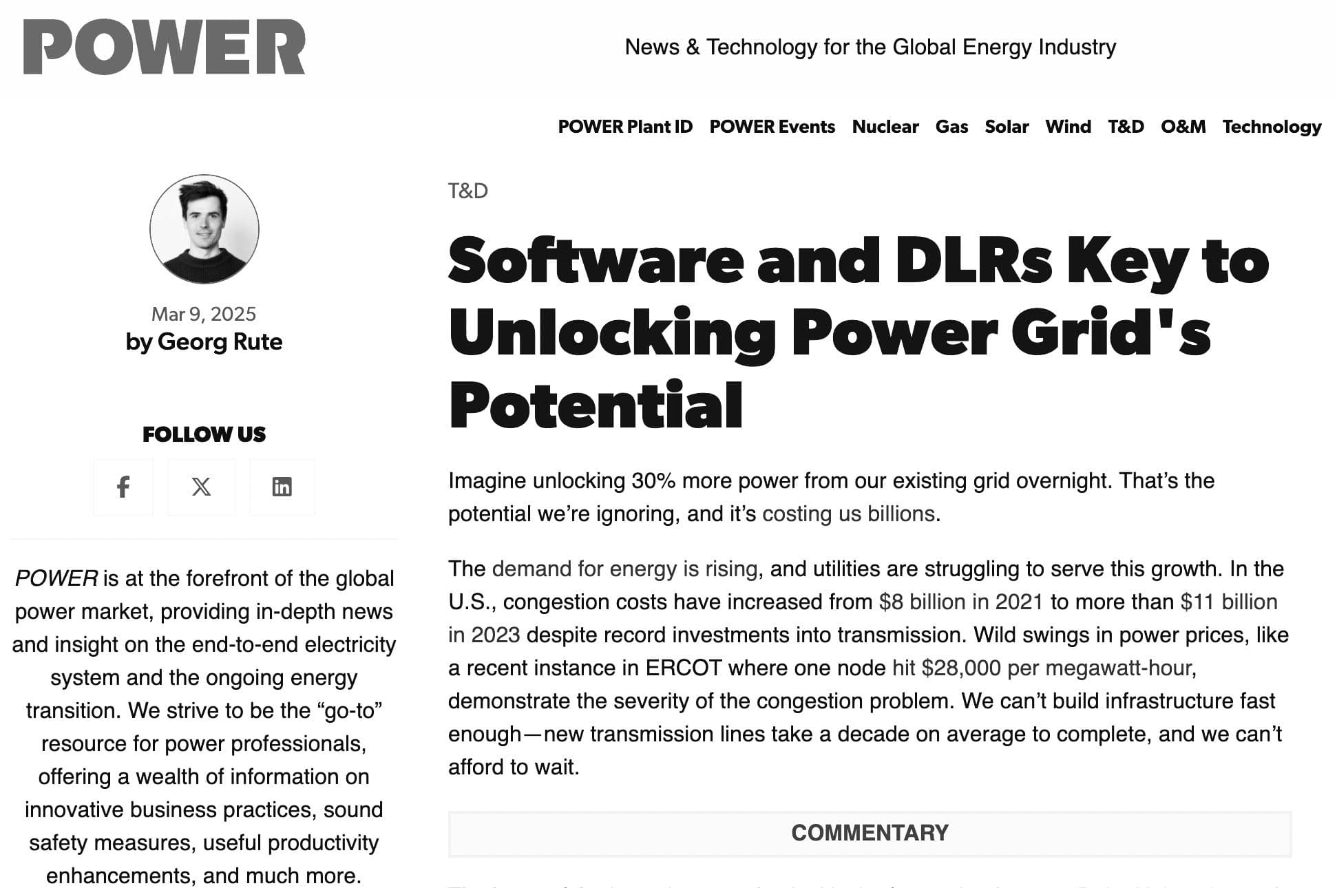 POWER mag op-ed: Software and DLRs Key to Unlocking Power Grid's Potential